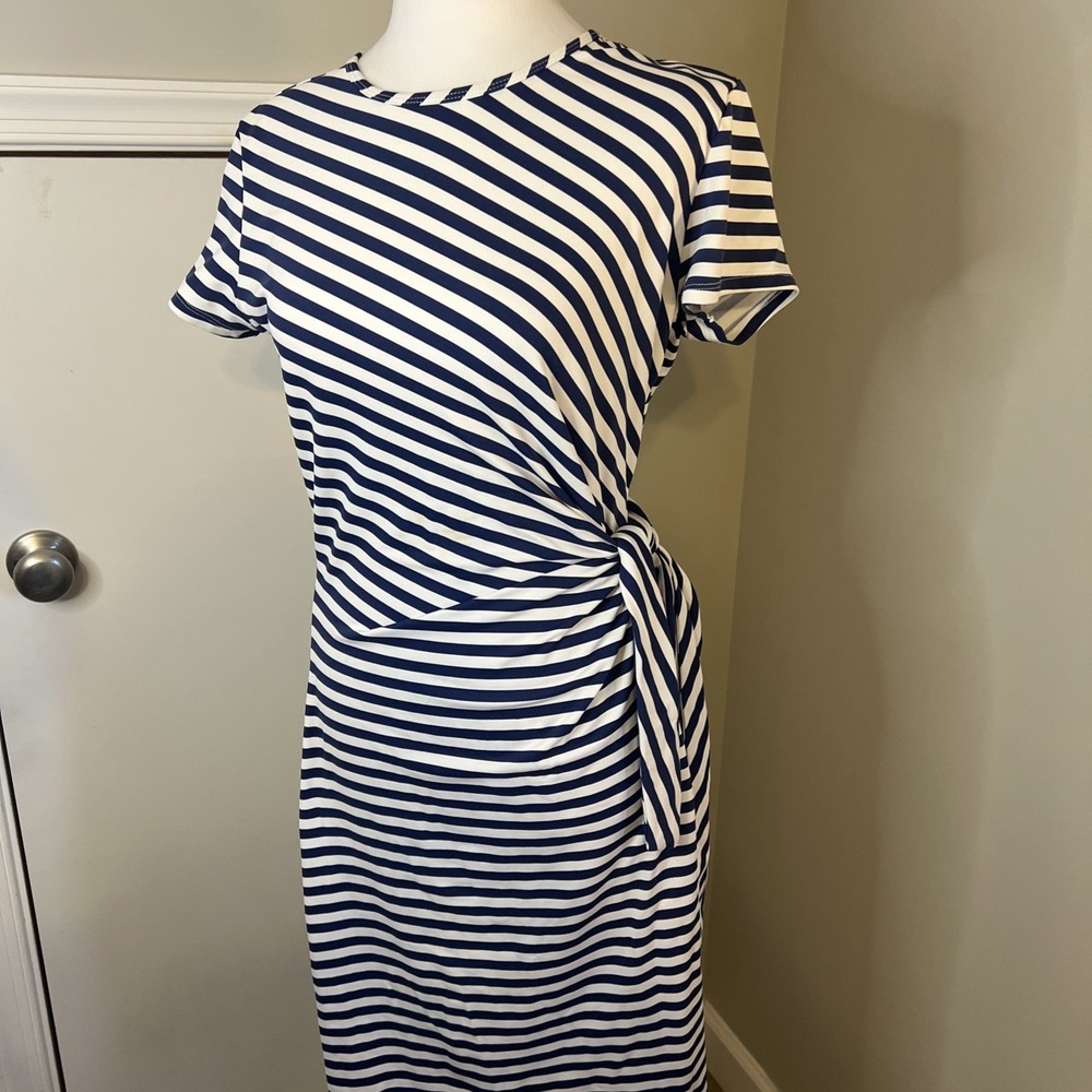 J. McLaughlin Catalina Cloth Striped Side Tie Dress Navy White Medium - Picture 4 of 9